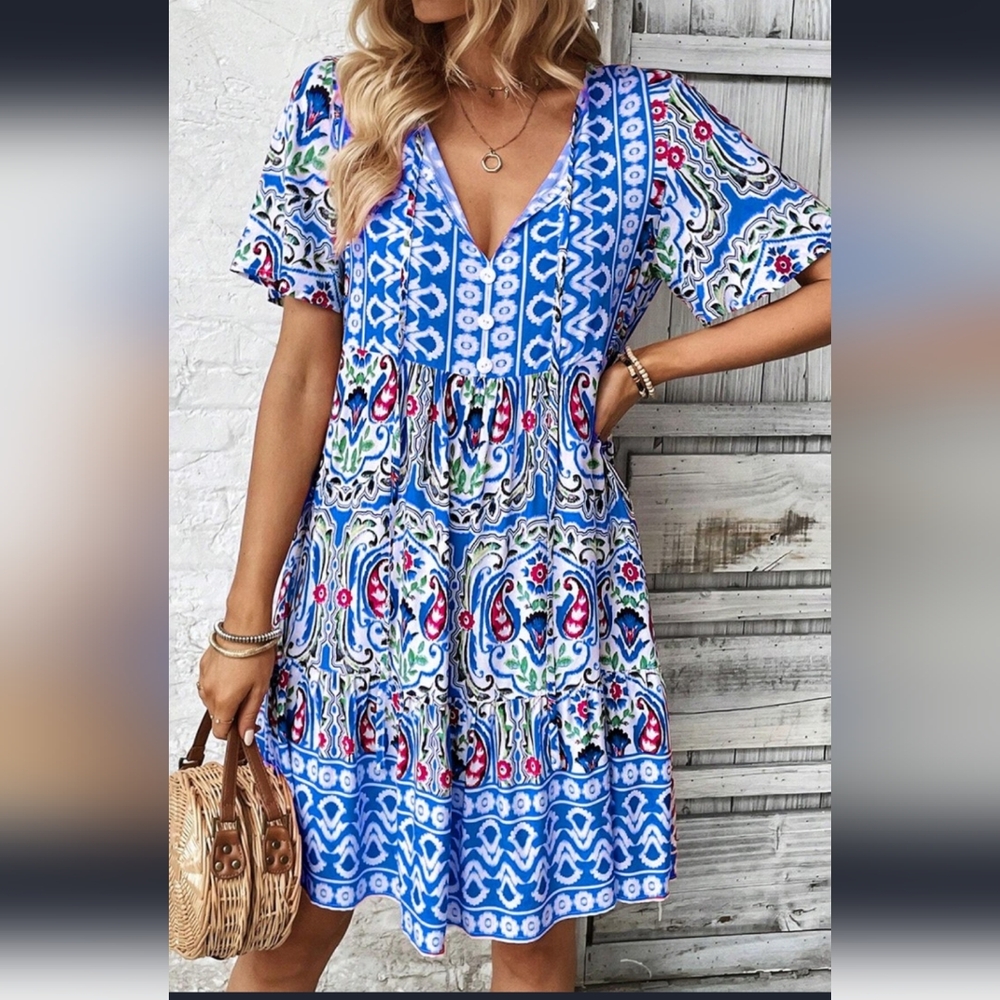 . Sky Blue Bohemian Print Short Dress